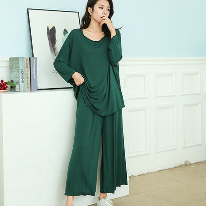 Women Loose Long-Sleeved Pajamas Wide Leg Pant Two-Piece Set