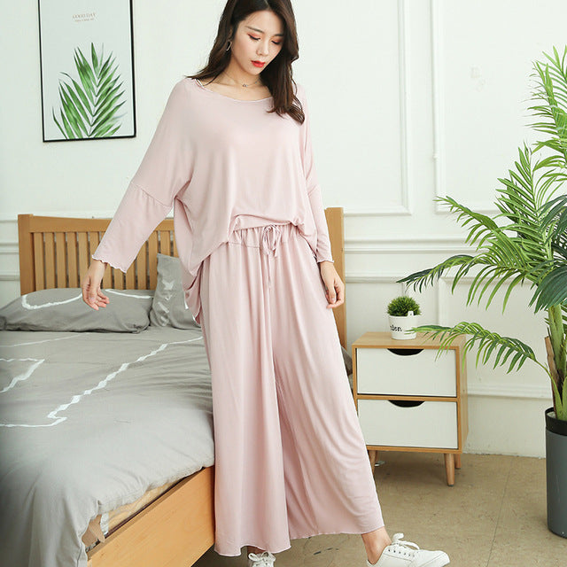 Women Loose Long-Sleeved Pajamas Wide Leg Pant Two-Piece Set