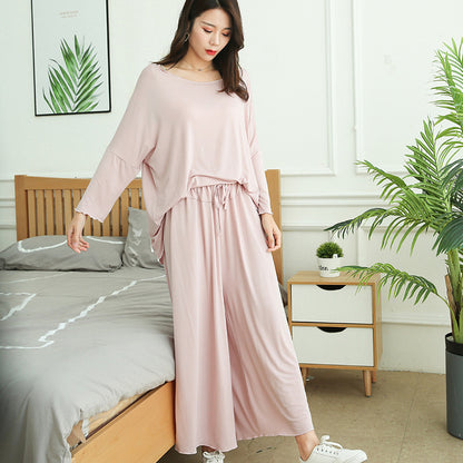 Women Loose Long-Sleeved Pajamas Wide Leg Pant Two-Piece Set