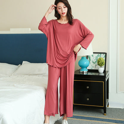 Women Loose Long-Sleeved Pajamas Wide Leg Pant Two-Piece Set