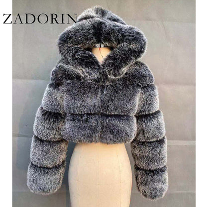 Women High Quality Cropped Faux Fur Fluffy Hooded Coat