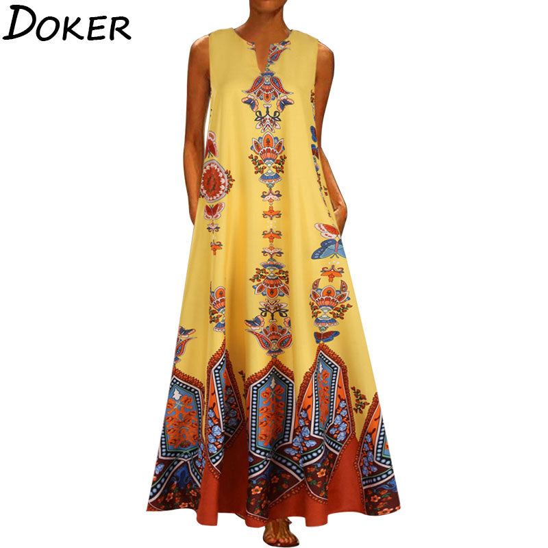 Women Floral Print Boho Casual Long Off Shoulder V Neck Dress