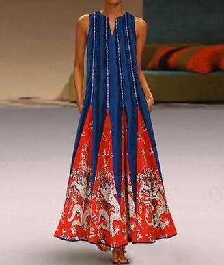 Women Floral Print Boho Casual Long Off Shoulder V Neck Dress