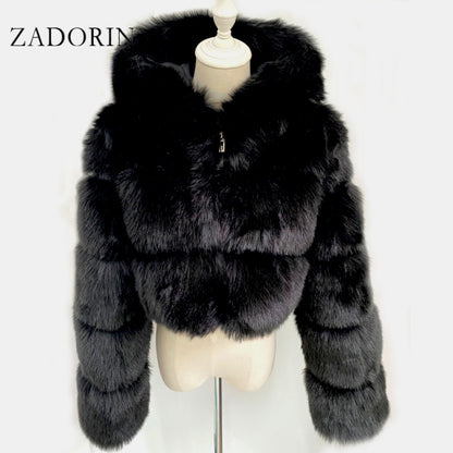 Women High Quality Cropped Faux Fur Fluffy Hooded Coat