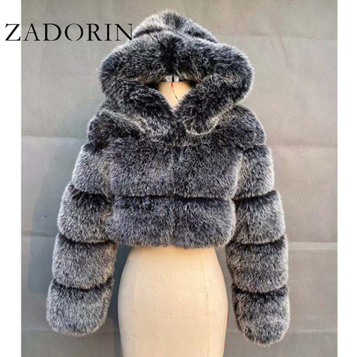 Women High Quality Cropped Faux Fur Fluffy Hooded Coat