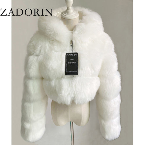 Women High Quality Cropped Faux Fur Fluffy Hooded Coat