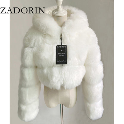 Women High Quality Cropped Faux Fur Fluffy Hooded Coat