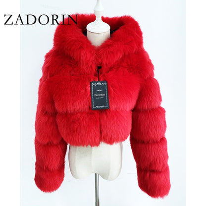 Women High Quality Cropped Faux Fur Fluffy Hooded Coat