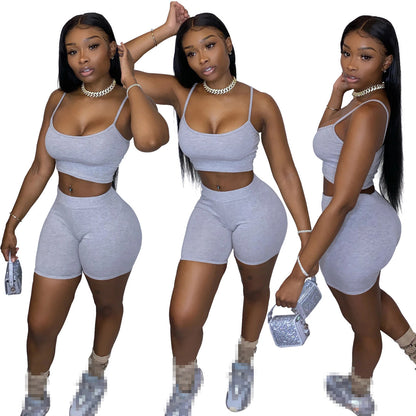 Women Two Piece Crop Top Fitted Shorts 2 piece Set