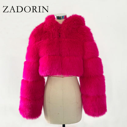 Women High Quality Cropped Faux Fur Fluffy Hooded Coat