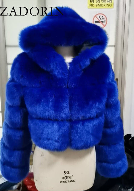 Women High Quality Cropped Faux Fur Fluffy Hooded Coat