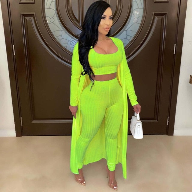 Women Three Piece Top Pant Cardigan Elastic Waist Set