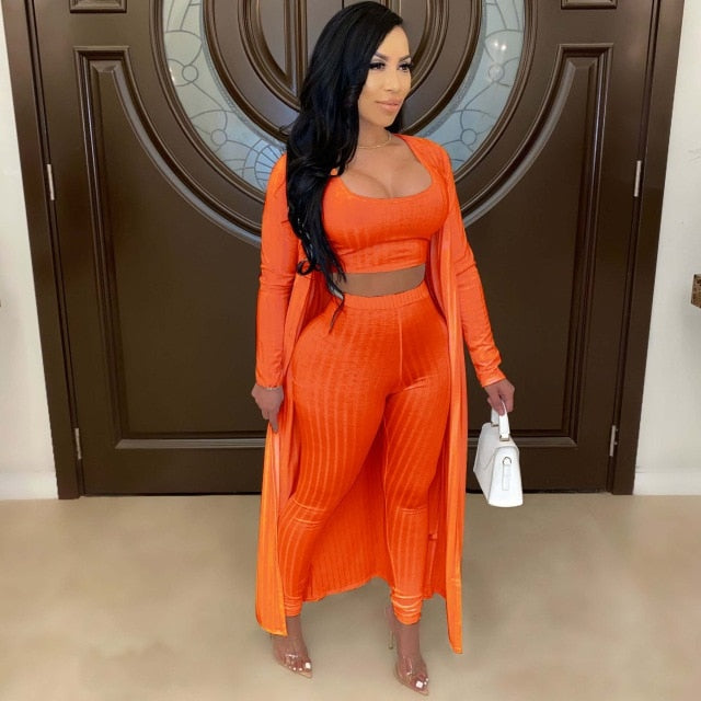 Women Three Piece Top Pant Cardigan Elastic Waist Set