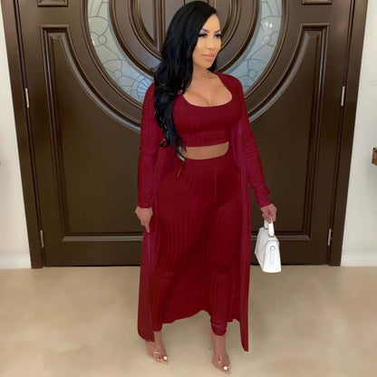 Women Three Piece Top Pant Cardigan Elastic Waist Set