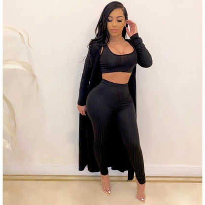 Women Three Piece Top Pant Cardigan Elastic Waist Set