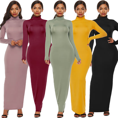 Women Turtleneck Long Sleeve Maxi Solid Color Dress