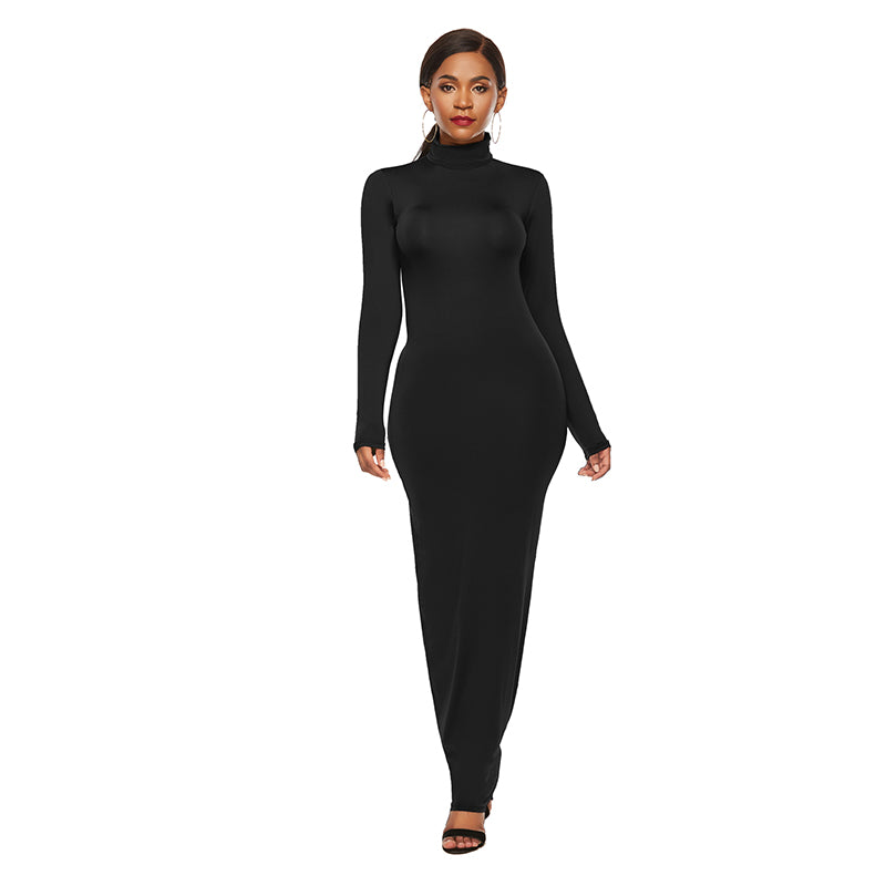 Women Turtleneck Long Sleeve Maxi Solid Color Dress