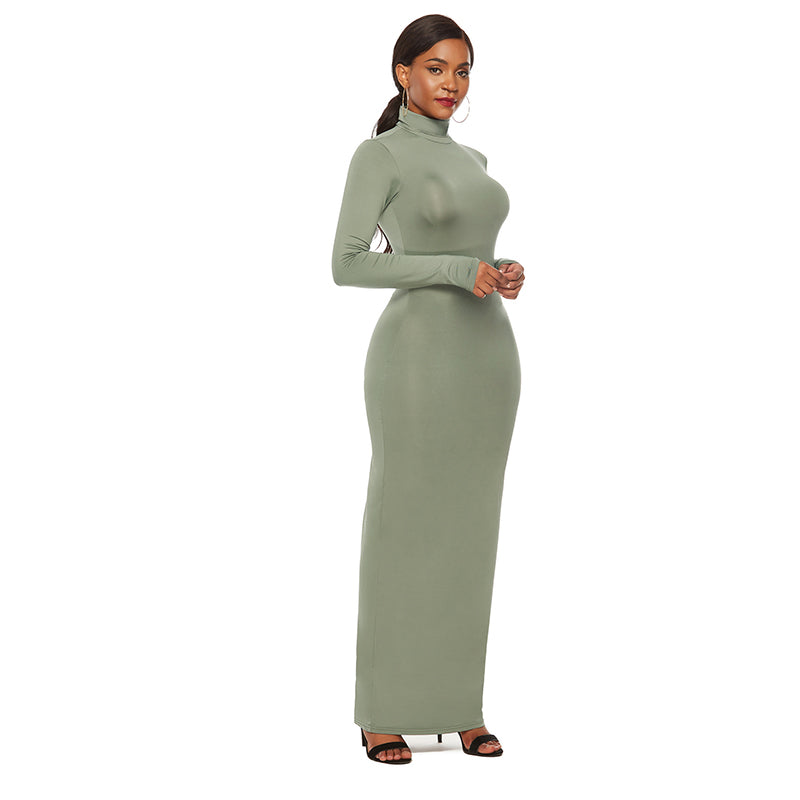 Women Turtleneck Long Sleeve Maxi Solid Color Dress