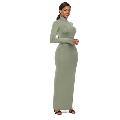 Women Turtleneck Long Sleeve Maxi Solid Color Dress