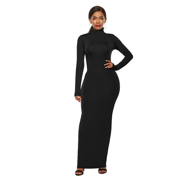 Women Turtleneck Long Sleeve Maxi Solid Color Dress