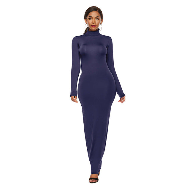Women Turtleneck Long Sleeve Maxi Solid Color Dress