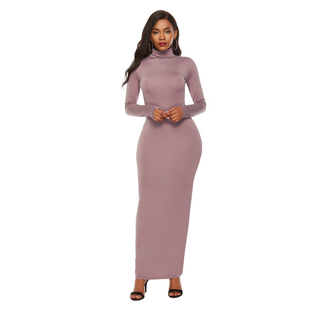 Women Turtleneck Long Sleeve Maxi Solid Color Dress