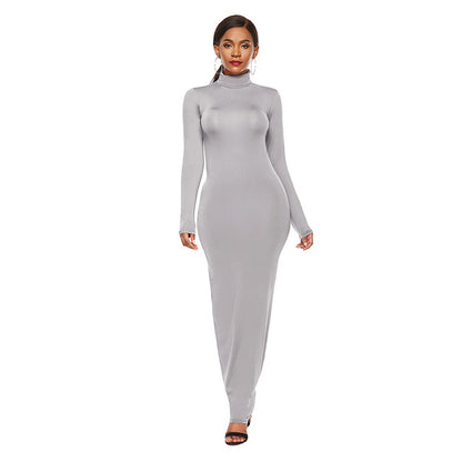Women Turtleneck Long Sleeve Maxi Solid Color Dress