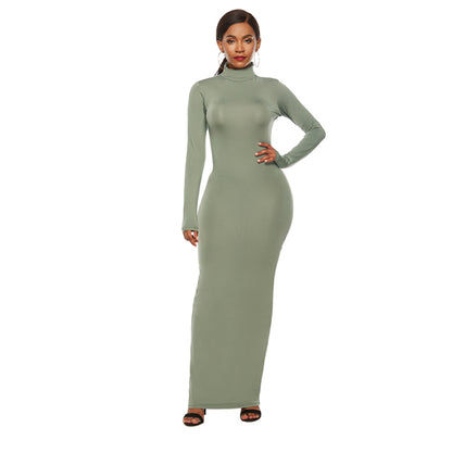 Women Turtleneck Long Sleeve Maxi Solid Color Dress