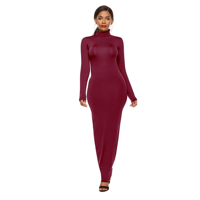 Women Turtleneck Long Sleeve Maxi Solid Color Dress