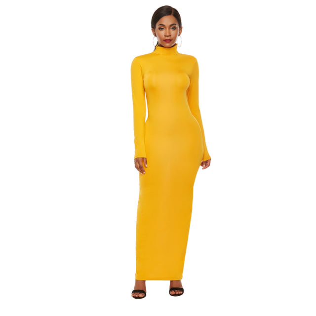 Women Turtleneck Long Sleeve Maxi Solid Color Dress