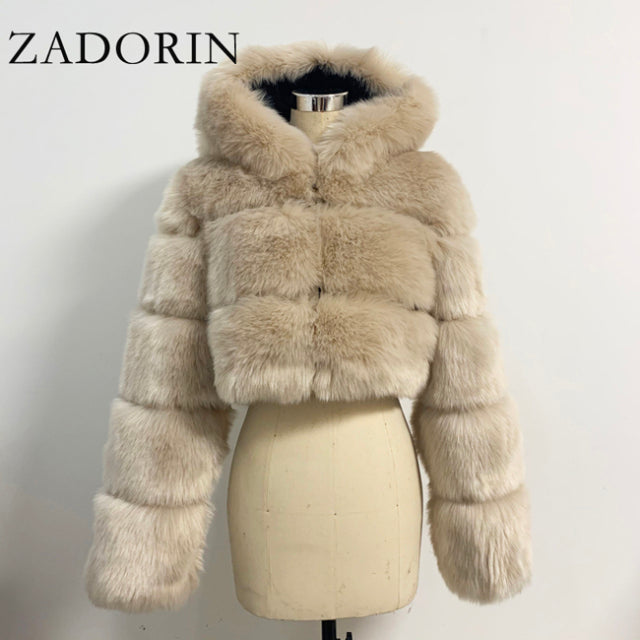 Women High Quality Cropped Faux Fur Fluffy Hooded Coat