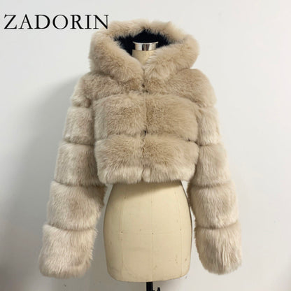 Women High Quality Cropped Faux Fur Fluffy Hooded Coat