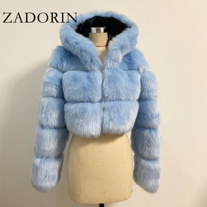 Women High Quality Cropped Faux Fur Fluffy Hooded Coat