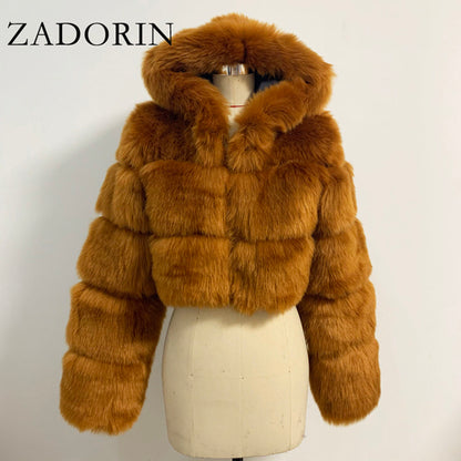 Women High Quality Cropped Faux Fur Fluffy Hooded Coat