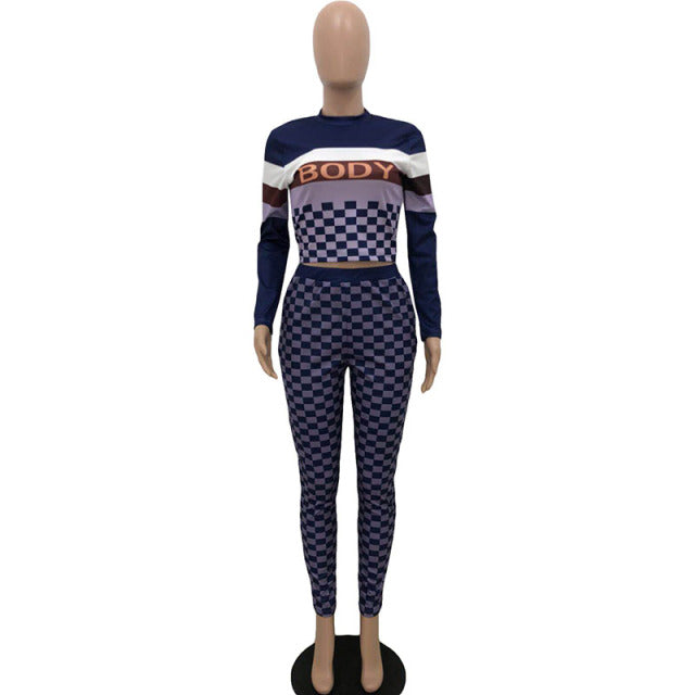 Women Plaid Print Two Piece Letter Top And Biker Long Pant Set