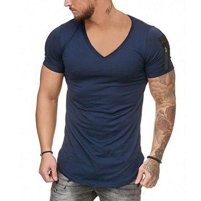 Men Short Sleeve Zipper Shoulder T Shirt Plus Size M-3XL