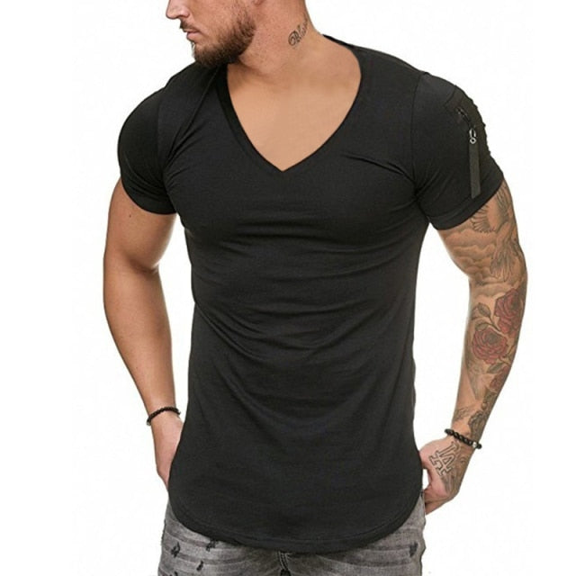 Men Short Sleeve Zipper Shoulder T Shirt Plus Size M-3XL
