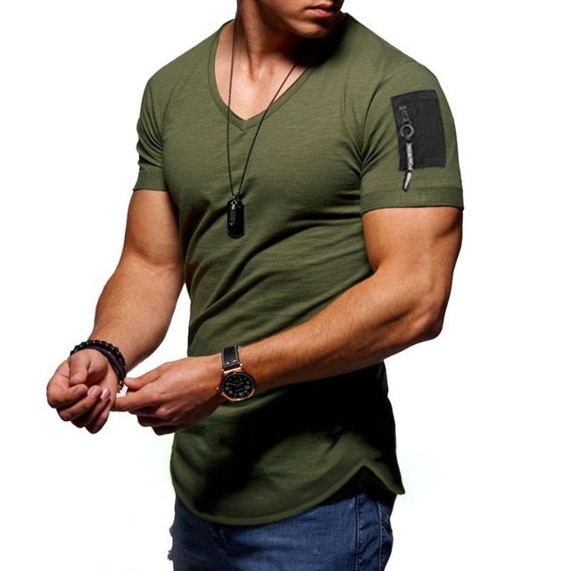 Men Short Sleeve Zipper Shoulder T Shirt Plus Size M-3XL