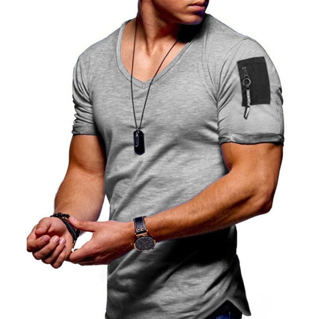 Men Short Sleeve Zipper Shoulder T Shirt Plus Size M-3XL