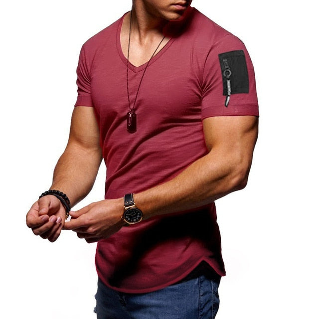 Men Short Sleeve Zipper Shoulder T Shirt Plus Size M-3XL