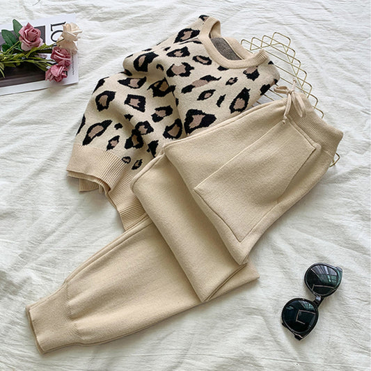 Women Long Sleeve Knit Leopard Pullover Sweaters+Elastic Waist Pant Sets