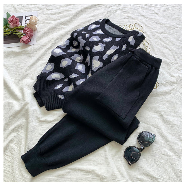 Women Long Sleeve Knit Leopard Pullover Sweaters+Elastic Waist Pant Sets