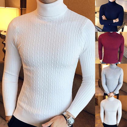 Men Winter Solid Color Turtle Neck Long Sleeve Twist Knitted Slim Sweater