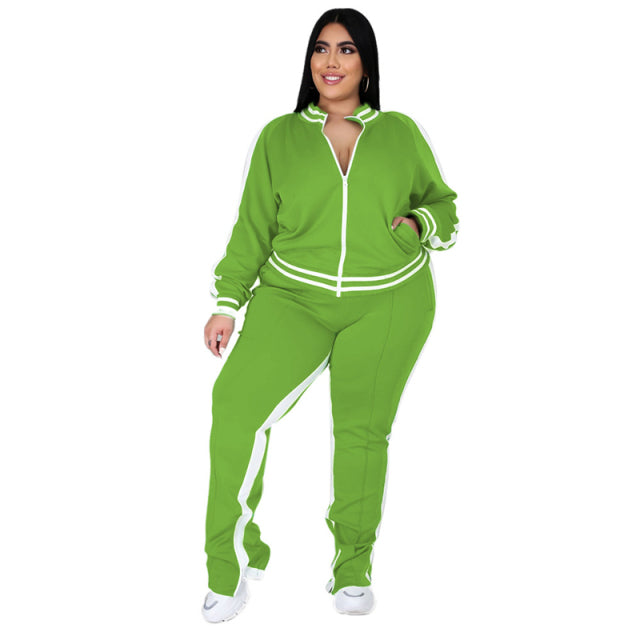 Women Sweatsuit Zip Striped Top Slit Sweatpants Jogger Set