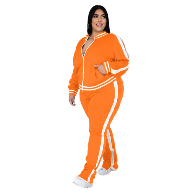 Women Sweatsuit Zip Striped Top Slit Sweatpants Jogger Set