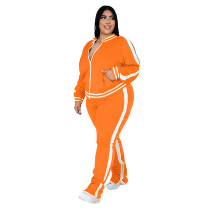 Women Sweatsuit Zip Striped Top Slit Sweatpants Jogger Set