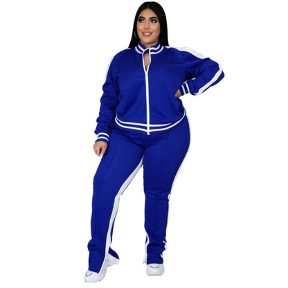 Women Sweatsuit Zip Striped Top Slit Sweatpants Jogger Set
