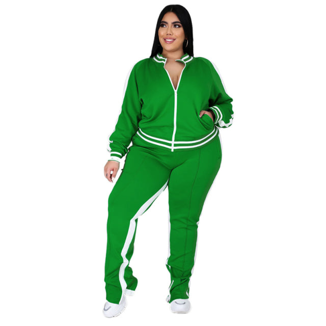 Women Sweatsuit Zip Striped Top Slit Sweatpants Jogger Set
