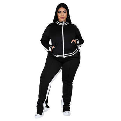Women Sweatsuit Zip Striped Top Slit Sweatpants Jogger Set
