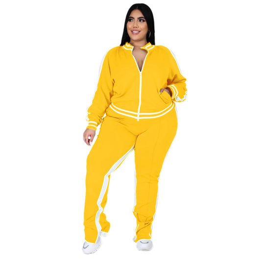Women Sweatsuit Zip Striped Top Slit Sweatpants Jogger Set